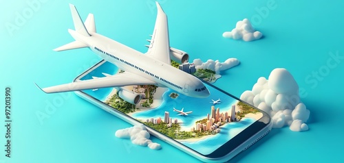 Airplane taking off from a smartphone screen, clouds in the background.