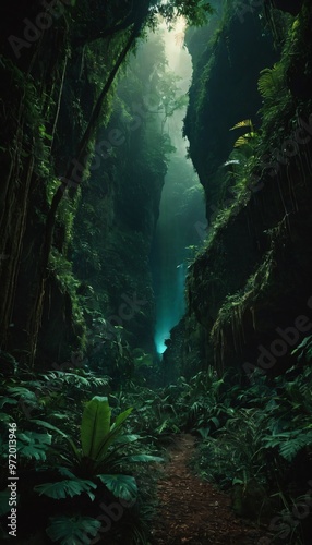 Inside a deep mystical jungle canyon at night, can be used as background, wallpaper. Ai generated image