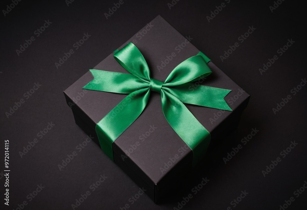Top view photo of black giftbox with green ribbon bow on isolated black background. Ai generated image Top view photo of black giftbox with green ribbon bow on isolated black background. Ai generated image