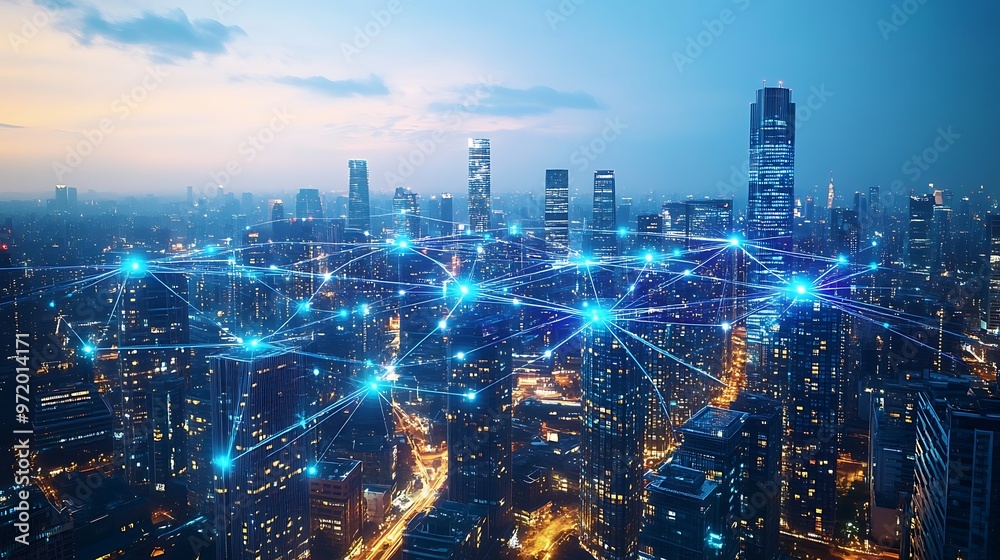 Fototapeta premium A futuristic city skyline with towering high-rises connected by glowing blue and purple lines, symbolizing cloud networks and wireless connectivity. The city pulses with digital energy,
