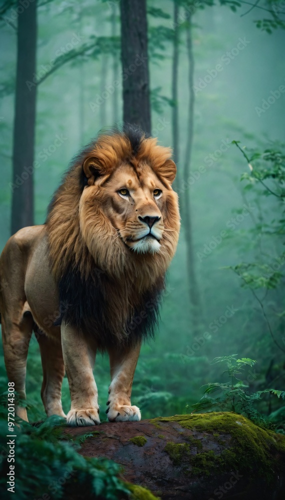 Naklejka premium fantasy lion in a misty forest. Ai generated image