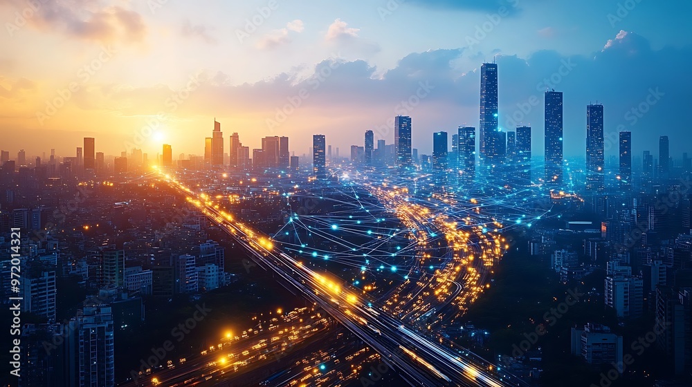 A futuristic cityscape at twilight, with glowing neon communication lines connecting advanced highways, smart trains, and sleek glass skyscrapers. A futuristic cityscape at twilight, with glowing neon communication lines connecting advanced highways, smart trains, and sleek glass skyscrapers.