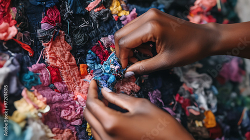 A close-up of hands stitching together pieces of fabric made from recycled plastics showcasing craftsmanship in sustainable fashion