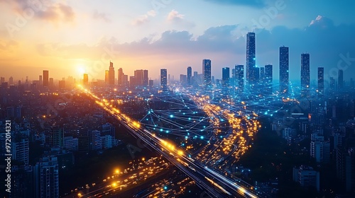 A futuristic cityscape at twilight, with glowing neon communication lines connecting advanced highways, smart trains, and sleek glass skyscrapers.