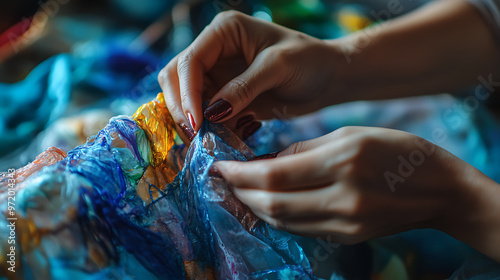 A close-up of hands stitching together pieces of fabric made from recycled plastics showcasing craftsmanship in sustainable fashion