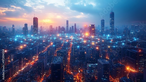 Wallpaper Mural A futuristic cityscape with glowing communication lines crisscrossing between towering skyscrapers and bustling public spaces, forming a vibrant web of connectivity. Torontodigital.ca