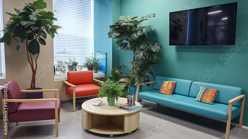 Photos of waiting area in dental clinic with comfortable seat magazines, plants, and any entertainment (TV, toys for kids)