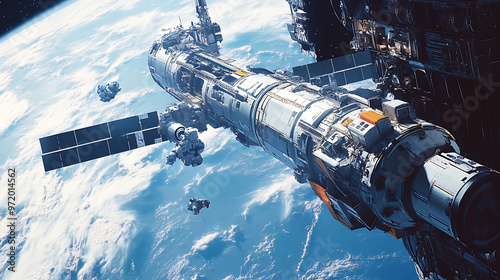 A futuristic spacecraft docking at a massive space station orbiting Earth with astronauts floating in zero gravity