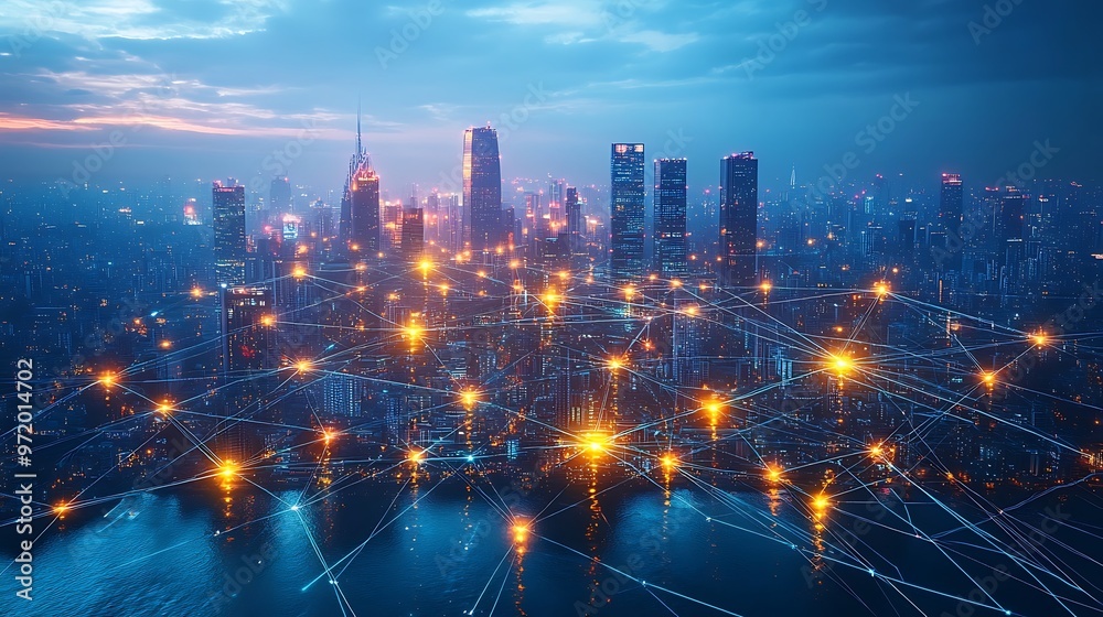 Fototapeta premium A futuristic global metropolis at night, with glowing fiber optic lines extending across oceans, linking continents and skyscrapers in a dense network.