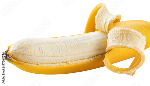 Half pealed banana isolated on white and transparent