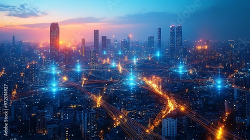 A futuristic urban landscape at night, with communication hubs emitting waves of light as data pulses through the network. The city is alive with digital energy,