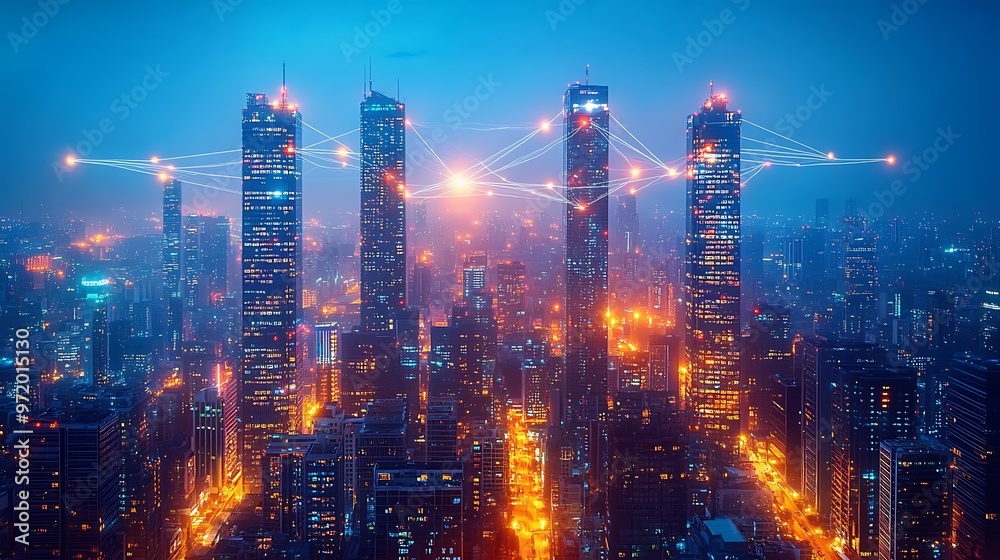 Fototapeta premium A futuristic urban landscape at night, with illuminated lines of wireless connectivity linking towering high-rises. The neon-lit communication lines create a seamless network across the cityscape,
