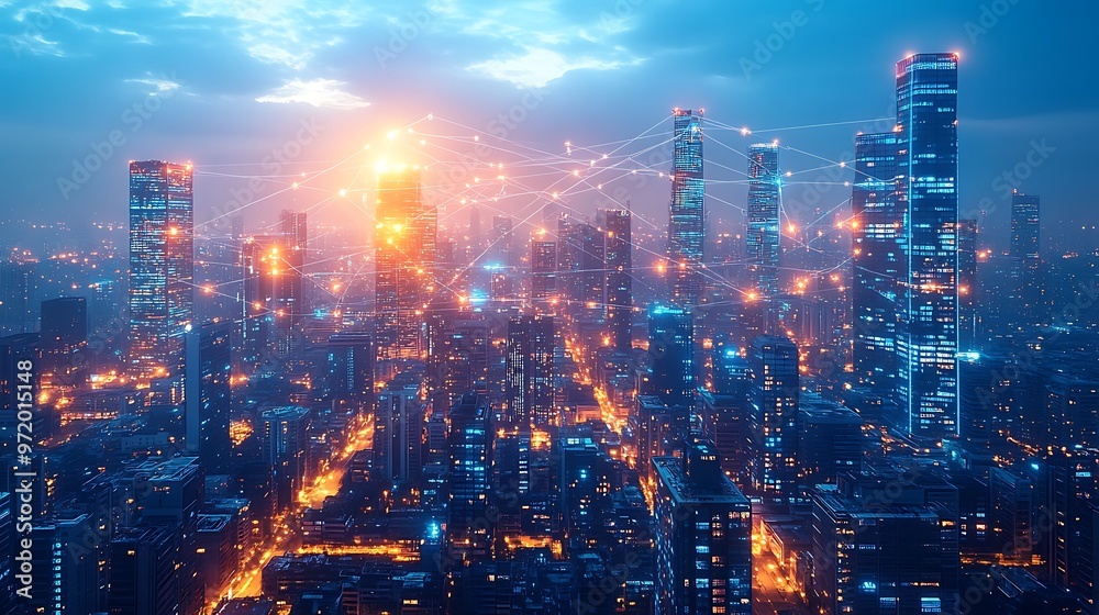 A futuristic urban landscape glowing with interconnected data lines that crisscross between skyscrapers and public spaces. A futuristic urban landscape glowing with interconnected data lines that crisscross between skyscrapers and public spaces.