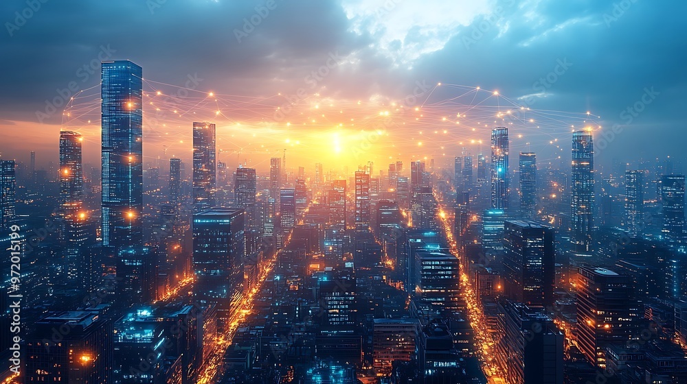 Fototapeta premium A futuristic urban landscape glowing with interconnected data lines that crisscross between skyscrapers and public spaces.