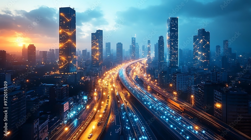 A futuristic urban landscape where glowing communication networks connect elevated highways, smart trains, and towering skyscrapers. A futuristic urban landscape where glowing communication networks connect elevated highways, smart trains, and towering skyscrapers.