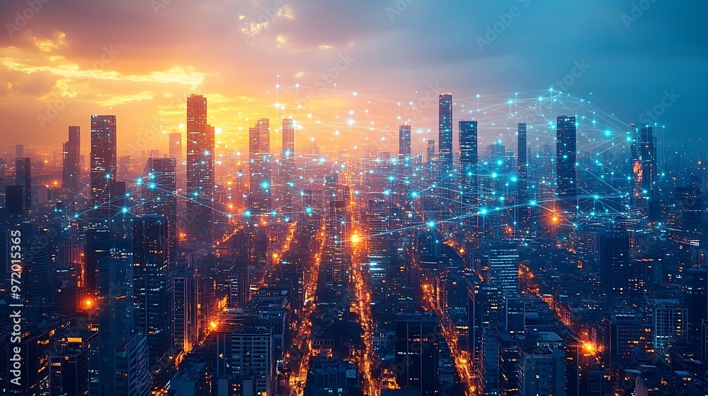Obraz premium A futuristic urban skyline with glowing data streams connecting mobile devices, homes, and skyscrapers. The city pulses with digital energy as communication lines weave between buildings, hd quality,