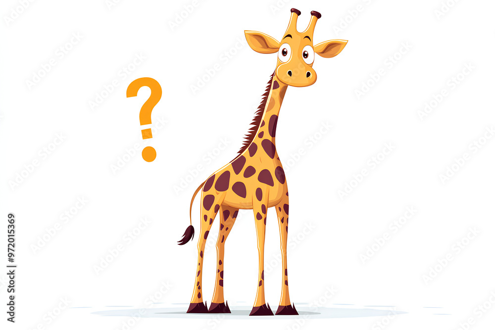 Fototapeta premium A cartoon giraffe with a curious expression and a question mark beside it.