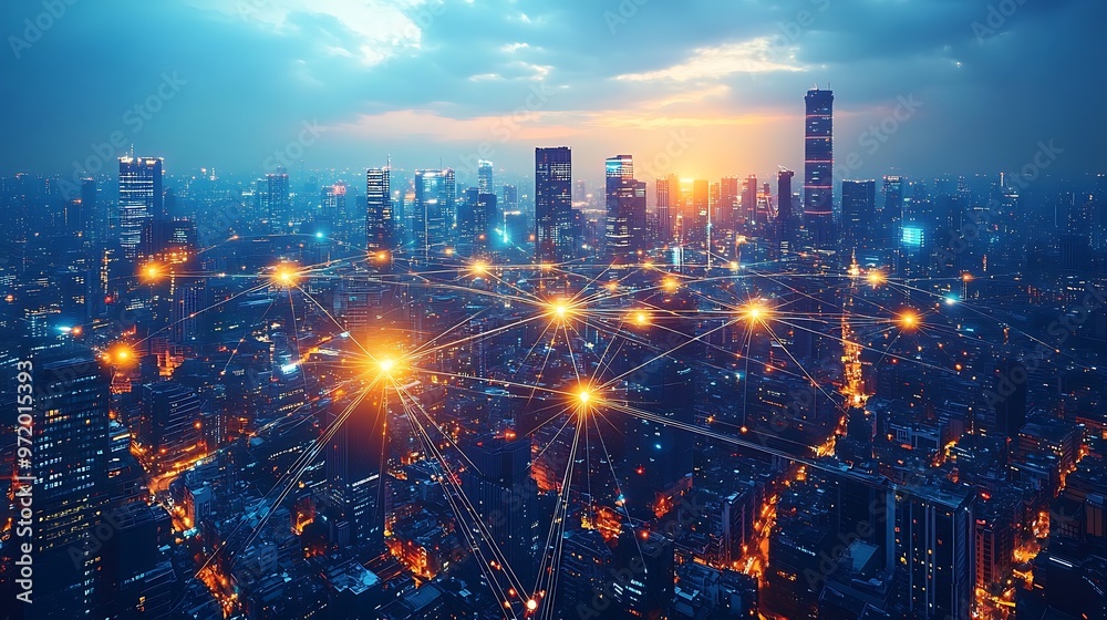 Fototapeta premium A global cityscape seen from above, with illuminated fiber optic cables connecting various regions and continents. The glowing lines form a digital network,