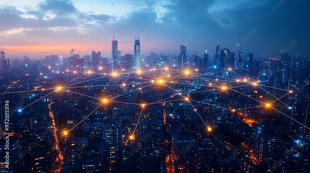 Fototapeta premium A global cityscape seen from above, with illuminated fiber optic cables connecting various regions and continents. The glowing lines form a digital network,