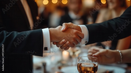 Dressed in black-tie attire, business partners congratulate each other with handshakes and drinks in a formal event setting, handshake celebration, business success photo