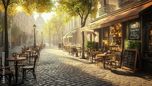 A picturesque Parisian café terrace with outdoor seating, cobblestone streets