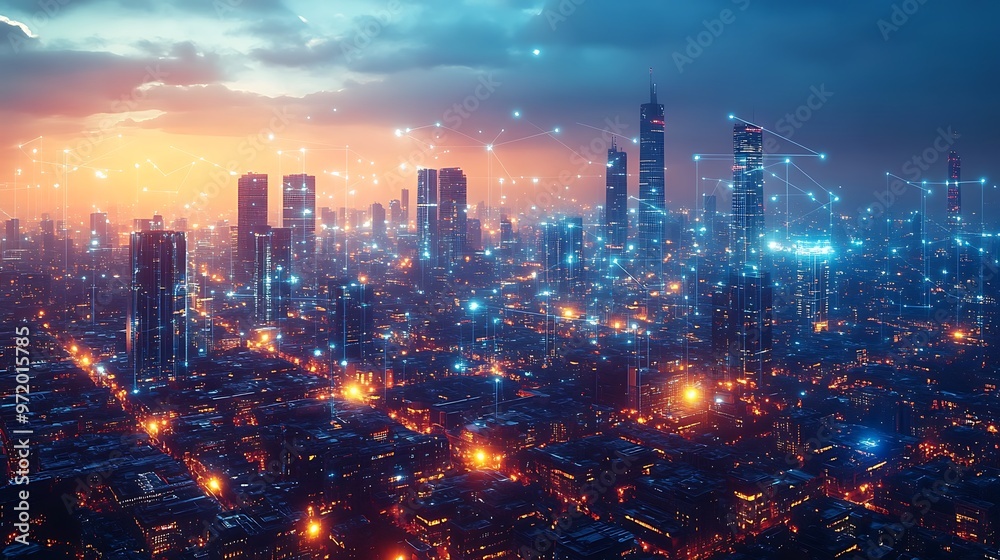 Fototapeta premium A highly developed futuristic city glowing with neon communication lines that crisscross between high-rise buildings and public spaces. The city pulses with digital energy,