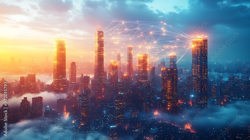 Obraz premium A glowing digital metropolis floating above a sea of clouds, with illuminated threads connecting every building. The city shines with neon colors, reflecting in the misty cloudscape below,