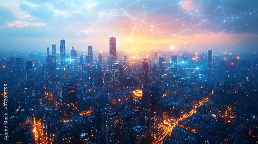 Fototapeta premium A highly developed futuristic city glowing with neon communication lines that crisscross between high-rise buildings and public spaces. The city pulses with digital energy,