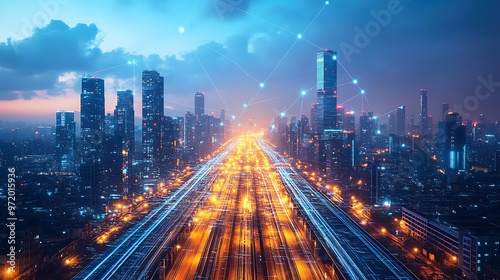 A high-tech city at night, with glowing communication networks visibly linking highways, train routes, and skyscrapers. The vibrant neon lines create a digital web across the metropolis,