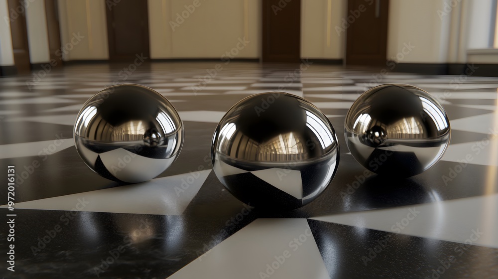 Three Shiny Chrome Spheres Reflecting on a Black and White Checkerboard Floor Three Shiny Chrome Spheres Reflecting on a Black and White Checkerboard Floor