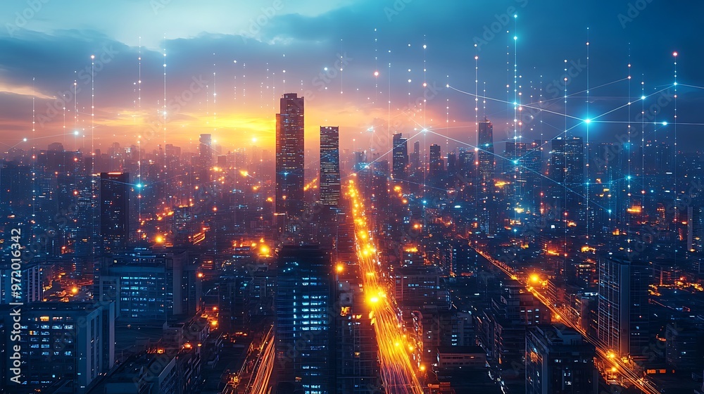 A high-tech metropolis at dusk, glowing with neon lines representing interconnected data networks connecting every building and road. The urban landscape is illuminated by vibrant digital pathways, A high-tech metropolis at dusk, glowing with neon lines representing interconnected data networks connecting every building and road. The urban landscape is illuminated by vibrant digital pathways,