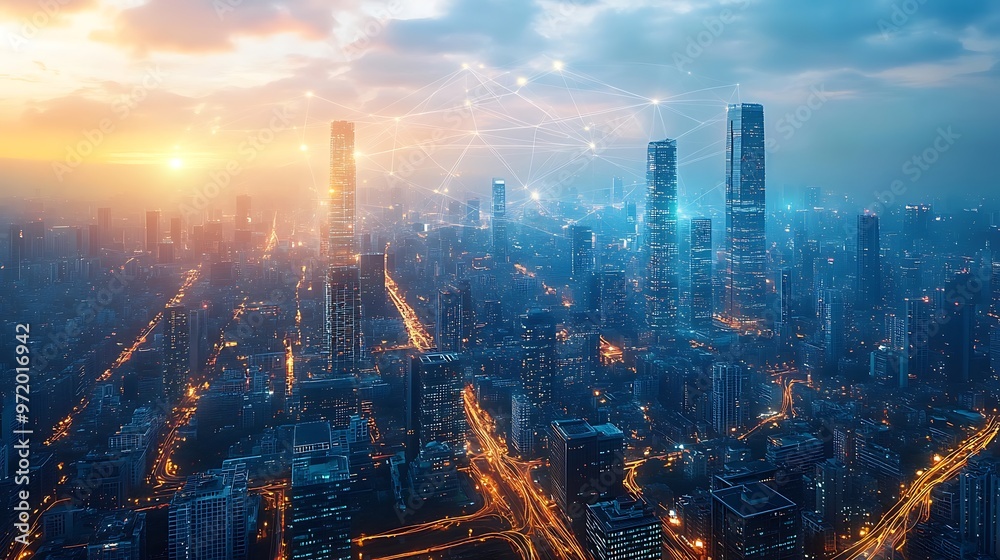 Fototapeta premium A modern city seen from above, glowing with interconnected communication lines that pulse with digital energy. The city’s skyscrapers and roads are seamlessly linked by vibrant neon pathways,