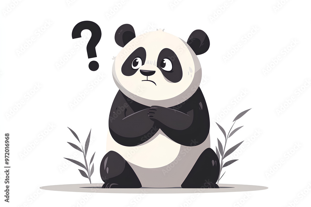 Fototapeta premium A cartoon panda with a confused expression, surrounded by plants.