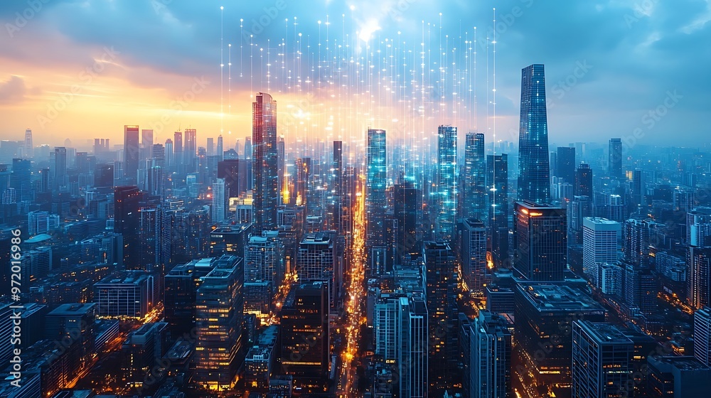 Fototapeta premium A modern city seen from above, glowing with pulsing neon lines representing the flow of data and electricity between skyscrapers. The city is alive with digital energy,