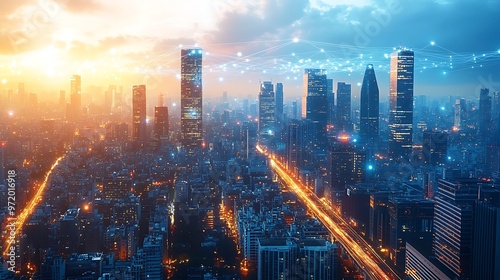 Wallpaper Mural A modern city seen from above, glowing with data cables and wireless signals connecting skyscrapers, roads, and digital infrastructure. Torontodigital.ca