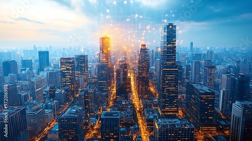 Wallpaper Mural A modern city seen from above, glowing with pulsing neon lines representing the flow of data and electricity between skyscrapers. The city is alive with digital energy, Torontodigital.ca