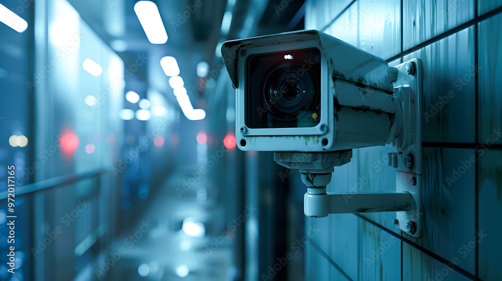 Surveillance camera capturing a crowded pedestrian zone, software interface tagging faces with personal IDs