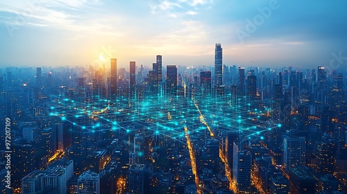 A modern city viewed from above, where glowing blue and green lines represent data streams connecting the urban landscape. The digital web creates a futuristic atmosphere,