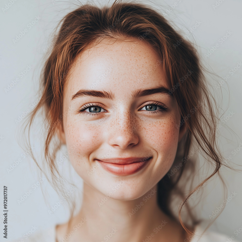 A close-up portrait of a young woman with a gentle smile, her eyes sparkling with happiness A close-up portrait of a young woman with a gentle smile, her eyes sparkling with happiness