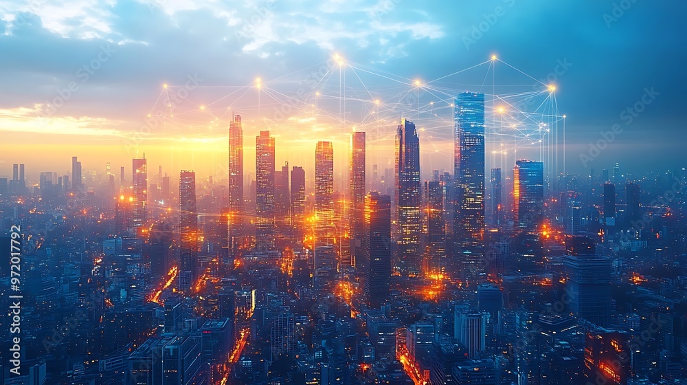 Fototapeta premium A skyline dominated by tall, sleek high-rises connected by glowing communication lines representing cloud networks and wireless connectivity. The city is illuminated by vibrant neon lights,