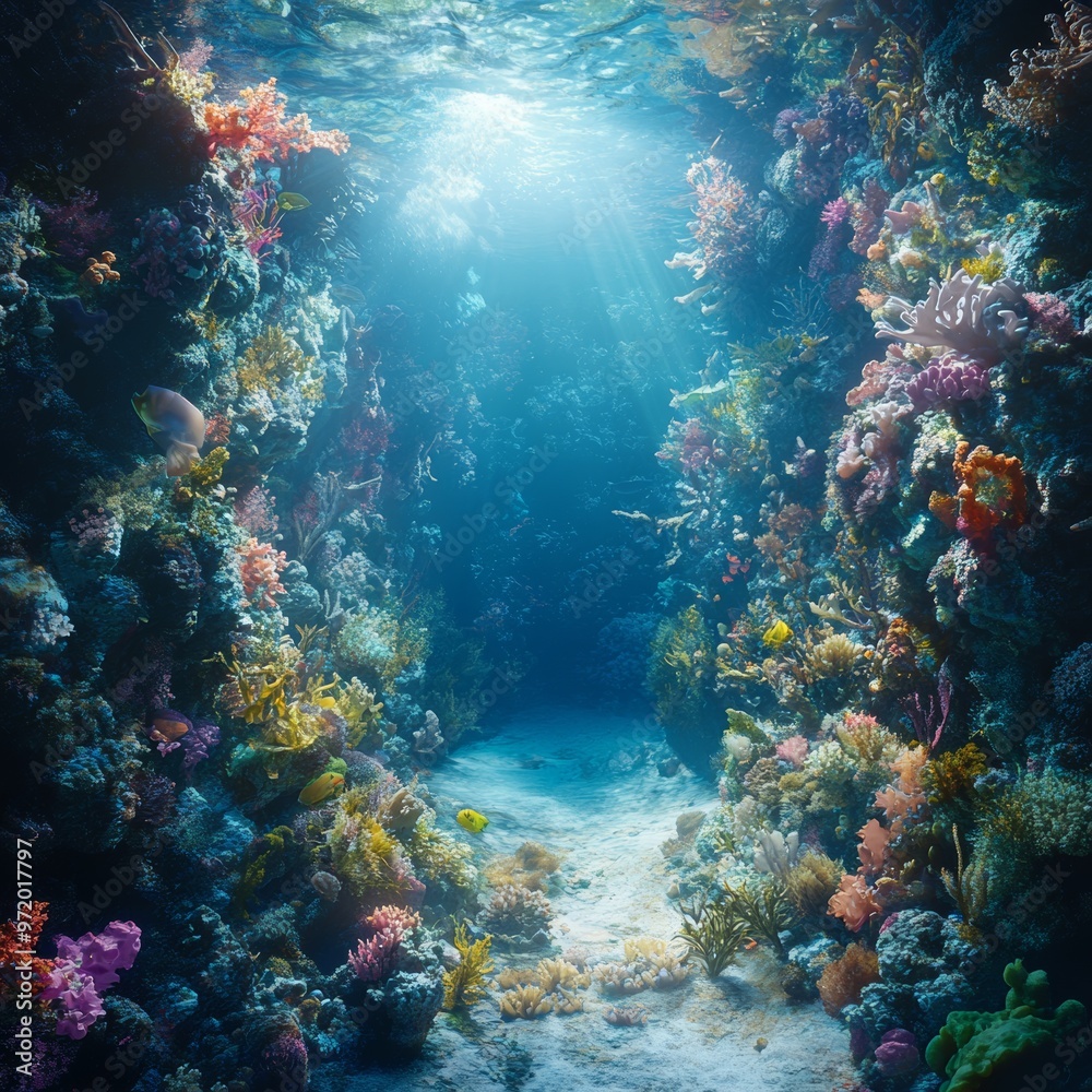 Underwater Coral Reef with Sunlight and Fish