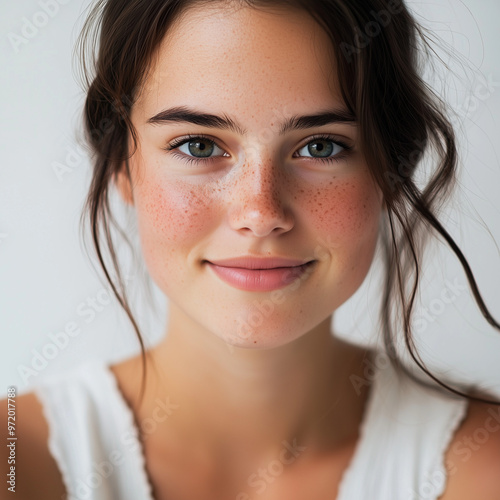 A close-up portrait of a young woman with a gentle smile, her eyes sparkling with happiness