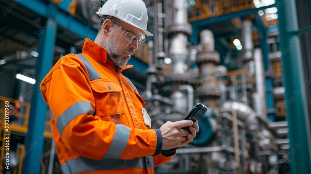 A worker in safety gear checks his phone in an industrial setting, surrounded by machinery and equipment. A worker in safety gear checks his phone in an industrial setting, surrounded by machinery and equipment.