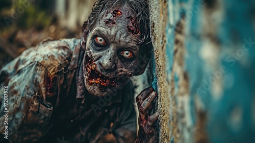 Zombie man in the abandoned building. Halloween. Horror film. photo