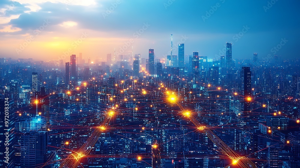 Fototapeta premium A sprawling cityscape with glowing data cables and wireless signals connecting smart buildings and transportation networks. The city lights up with vibrant neon pathways,