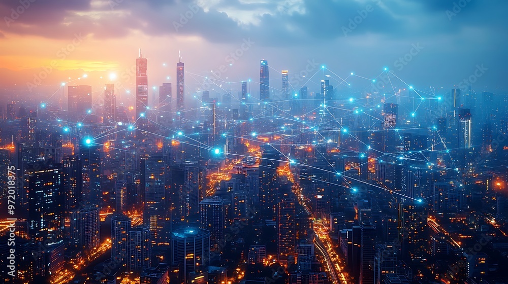 A sprawling cityscape with glowing data cables and wireless signals connecting smart buildings and transportation networks. The city lights up with vibrant neon pathways, A sprawling cityscape with glowing data cables and wireless signals connecting smart buildings and transportation networks. The city lights up with vibrant neon pathways,