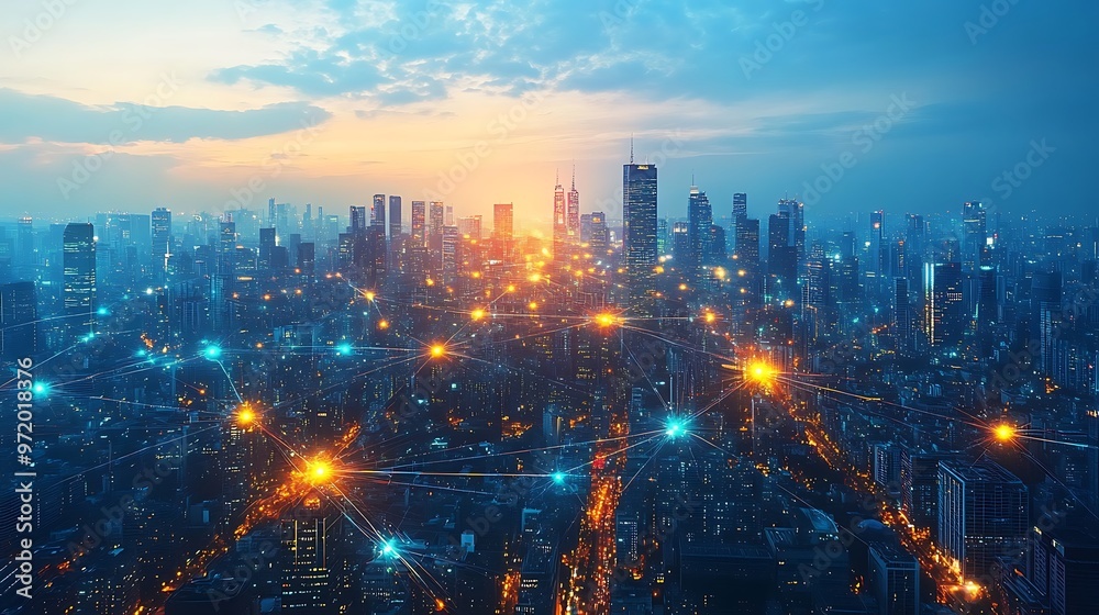 Fototapeta premium A sprawling cityscape with glowing data cables and wireless signals connecting smart buildings and transportation networks. The city lights up with vibrant neon pathways,