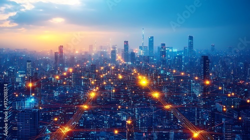 Wallpaper Mural A sprawling cityscape with glowing data cables and wireless signals connecting smart buildings and transportation networks. The city lights up with vibrant neon pathways, Torontodigital.ca