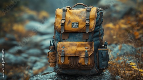 A weathered backpack resting on rocky terrain in nature. photo