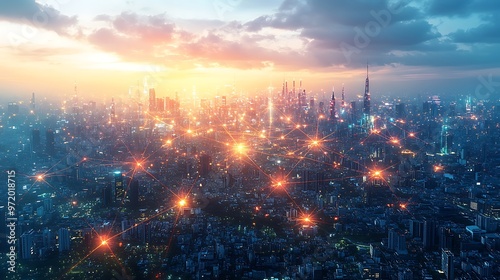 A sprawling futuristic city seen from above, with communication hubs scattered across the landscape, emitting pulses of neon light as data flows through the network.